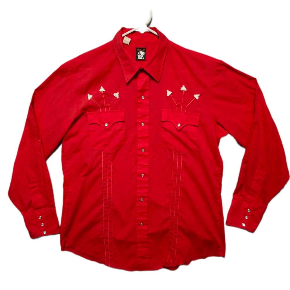 KARMAN Vintage Western Boho Shirt Mens XL Red Embroidered Arrow Pearl Snap LS